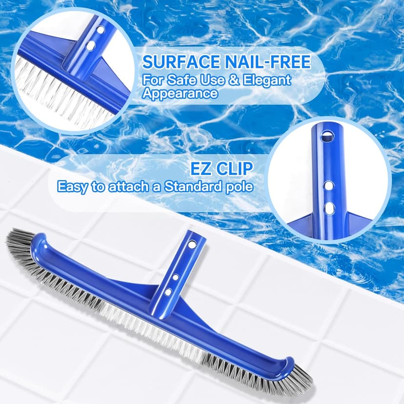Pool Brush Head, 17" Pool Brushes for Cleaning Pool Walls, Curved Ends High-Efficiency Pool Scrub Brush,Premium Nylon Bristles Pool Brush with EZ Clip