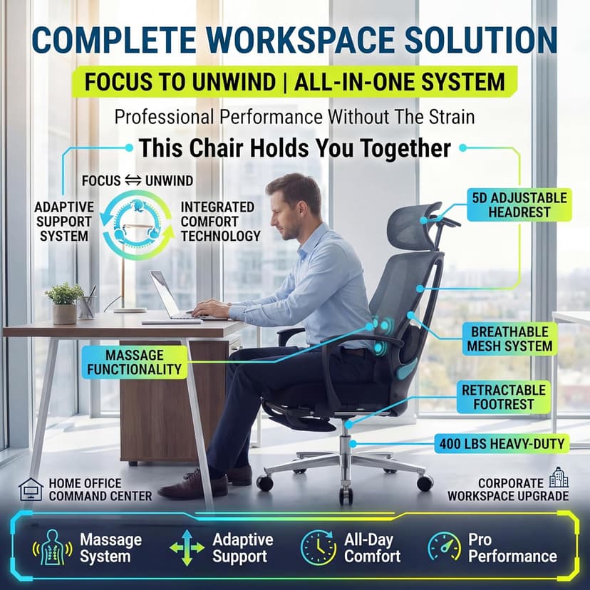 Ergonomic Office Chair with Footrest & Adjustable Lumbar Massager, High Back,Big and Tall,Desk Chair with 5D Headrest, Reclining Swivel Rolling Mesh Chair for Home Office, 400LBS (Black)