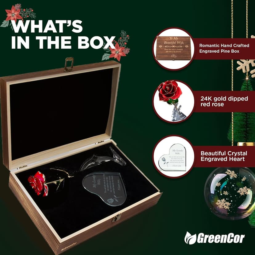 Anniversary for Wife Engraved Wooden Gift Set 'To My Beautiful Wife' Includes Crystal Engraved Heart 24K Gold Dipped Rose for Birthday Gifts