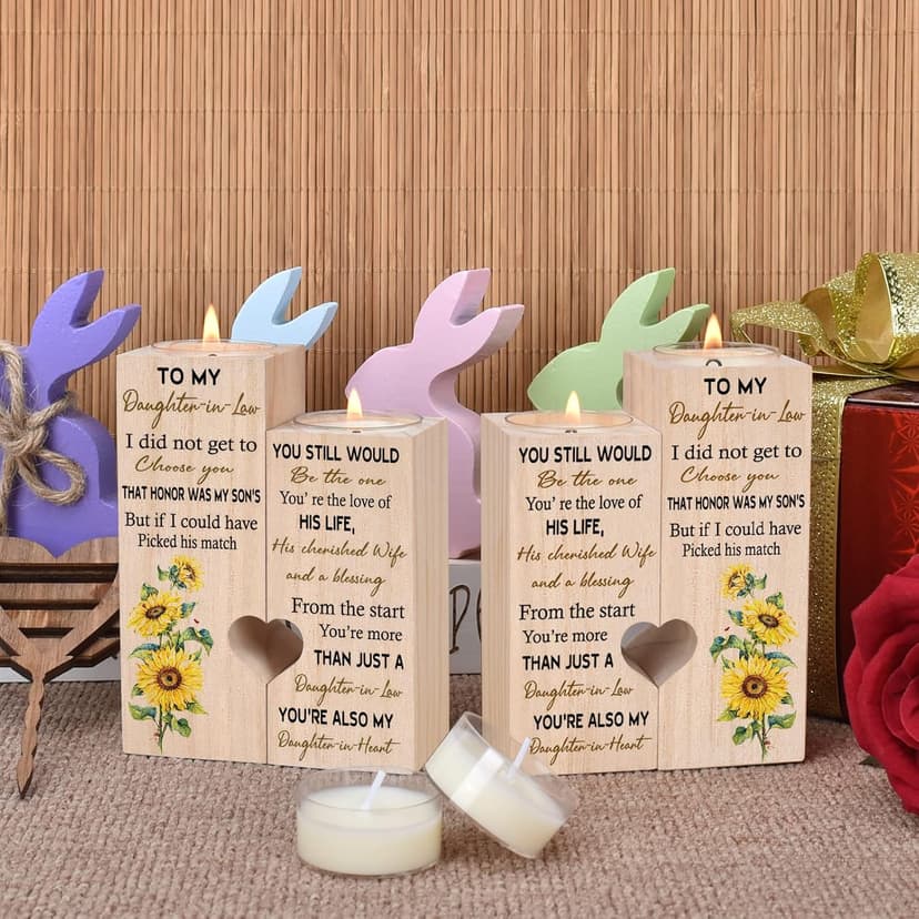 to My Daughter-in-Law from The Start You're More Than JUST A Daughter-in-Law You're Also My Daughter-in-Heart Personalized Wooden Candle Holder for Couple Birthday Candle Decoration B09N3J7HYY