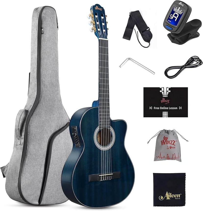 WINZZ AC309CE 39 Inches Cutaway Nylon-string Classical Electric Guitar Build-in Pickup Kit Set Online Lessons, Blue