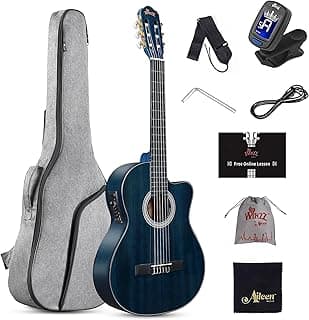 WINZZ AC309CE 39 Inches Cutaway Nylon-string Classical Electric Guitar Build-in Pickup Kit Set Online Lessons, Blue