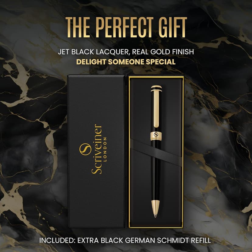 Scriveiner Black Lacquer Ballpoint Pen -Stunning Luxury Pen, Real Gold Plating, Schmidt Black Refill, Best Gift Set for Men & Women, Professional Executive Office, Nice Fancy Designer Pens