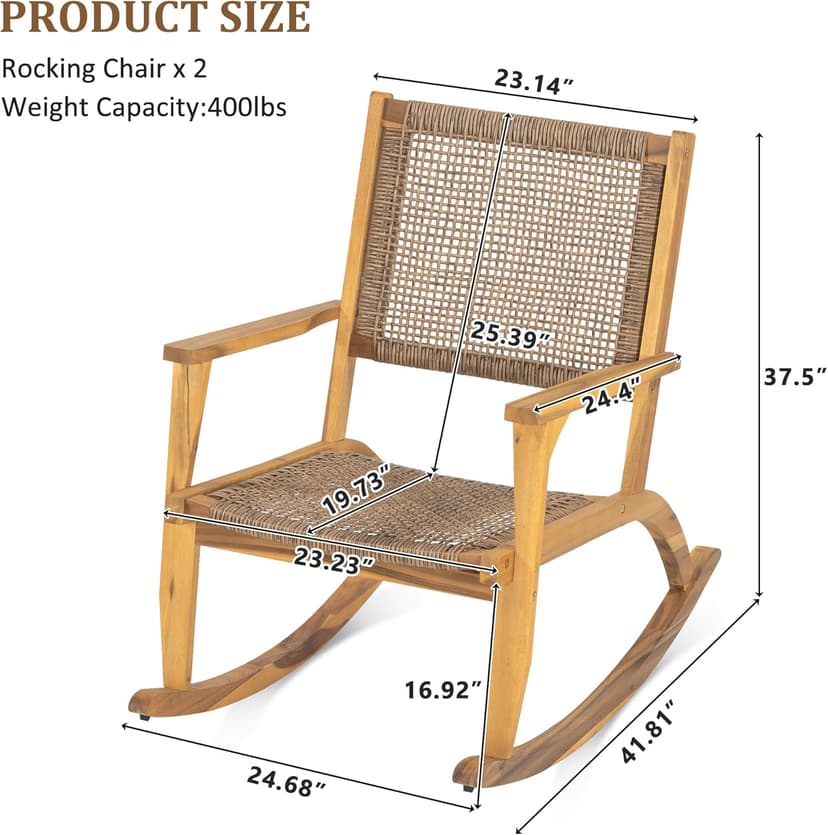 Acacia Wood Outdoor Rocking Chair Set of 2, Natural Wicker Outdoor Rockers with Wicker Rattan Seat & Backrest, 400 lbs Capacity Heavy Duty Rocker for Garden, Backyard & Balcony (Natural)