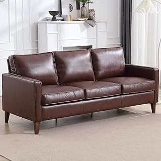 EBELLO 77” Mid Century Modern Sofa Couch, 3 Seater Faux Leather Couches for Living Room, Soft Padded Comfy Cushion, Small Sofa for Small Spaces, Bedroom, Apartment, Dark Brown