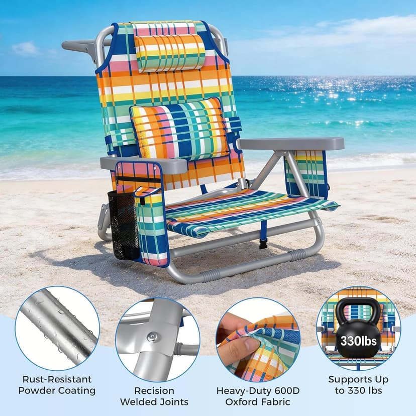5-Position Backpack Beach Chair for Adults with Lumbar, Foldable Tall Heavy-Duty Beach Chairs with Cooler Bag,Cup Holder,Towel Rack for Beach, Camping, Outdoor (1, Rainbow)