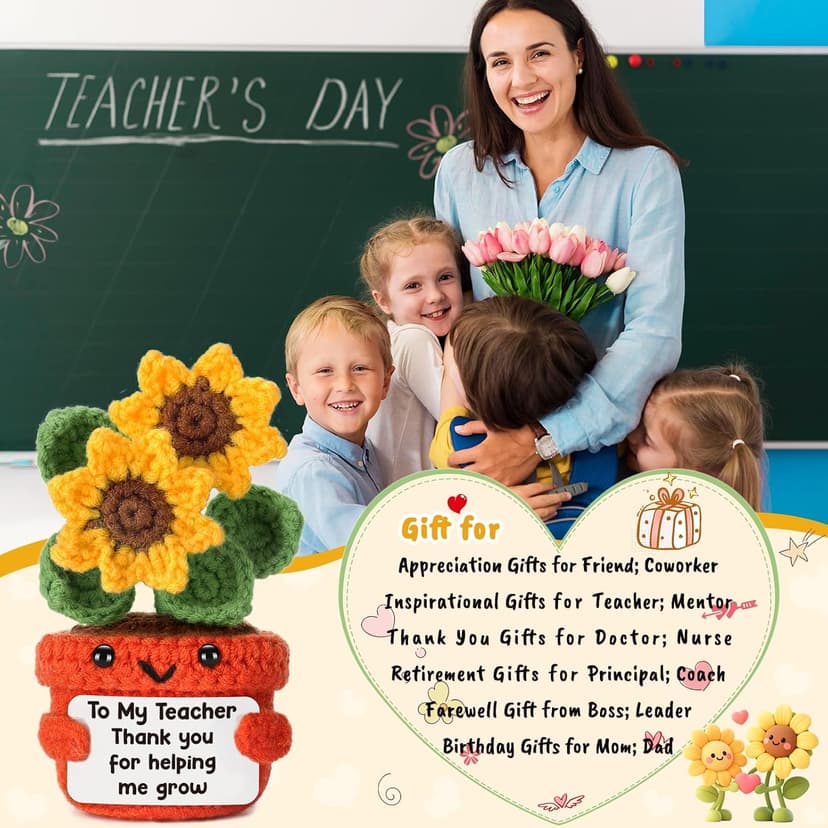 Help Me Grow Teachers Day Graduation Small Handmade Crochet Sunflower Last Day of School Valentines Easter Gift for Teacher Teacher Back to School Christmas Appreciation Gifts Thank You Teacher B0F21M6HP4