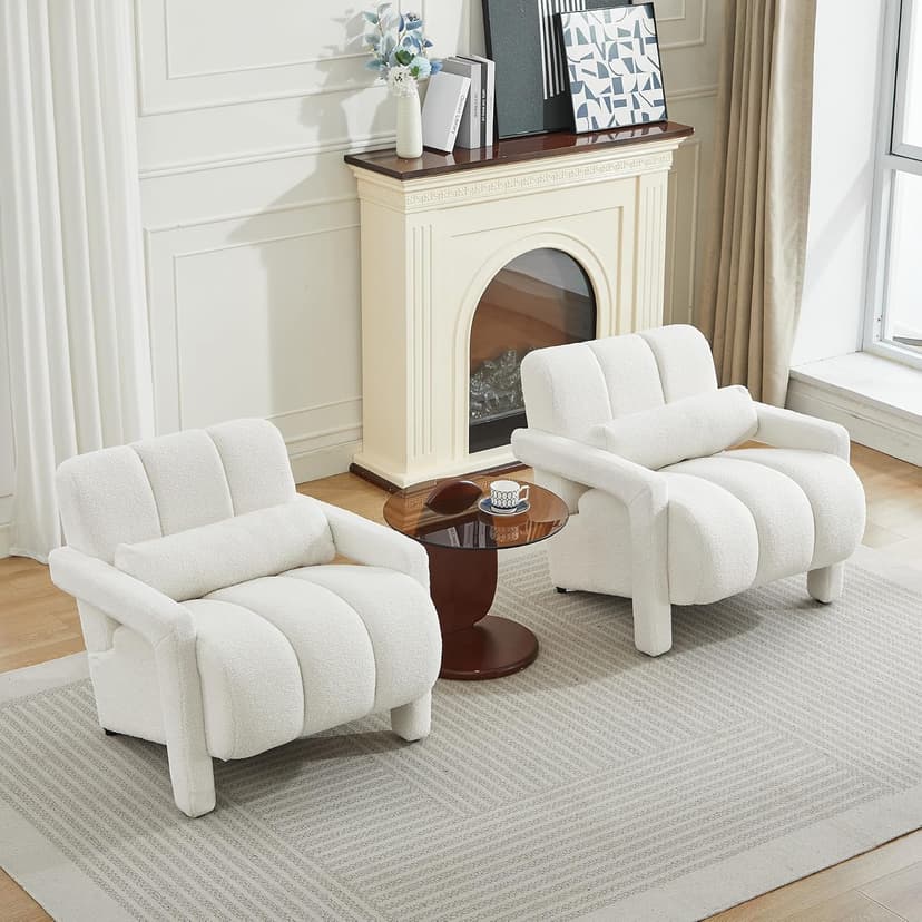 LOULENS Lambswool Accent Chair, Modern Upholstered Sherpa Accent Chair, Comfy Teddy Single Armchair with Pillow for Living Room, Bedroom (Beige, Backrest Under The Cushion)