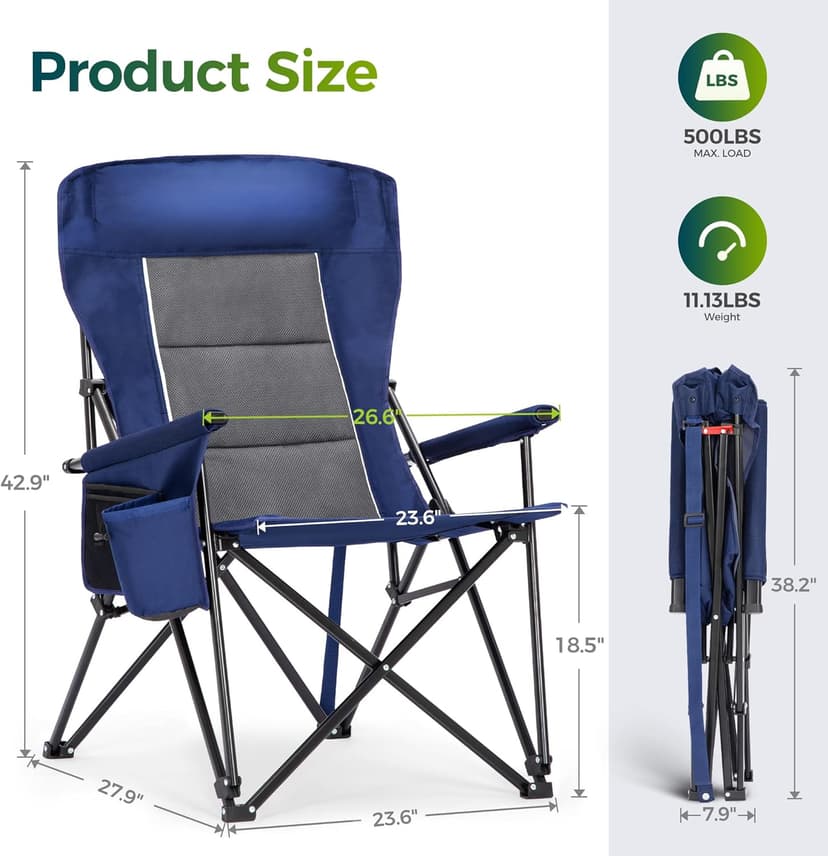 ALPHA CAMP Oversized Folding Camping Chairs High Backrest Heavy Duty Lawn Chairs for Adults Support 500 LBS Portable Camp Chairs with Cup Holders Large Side Pocket for Outdoor