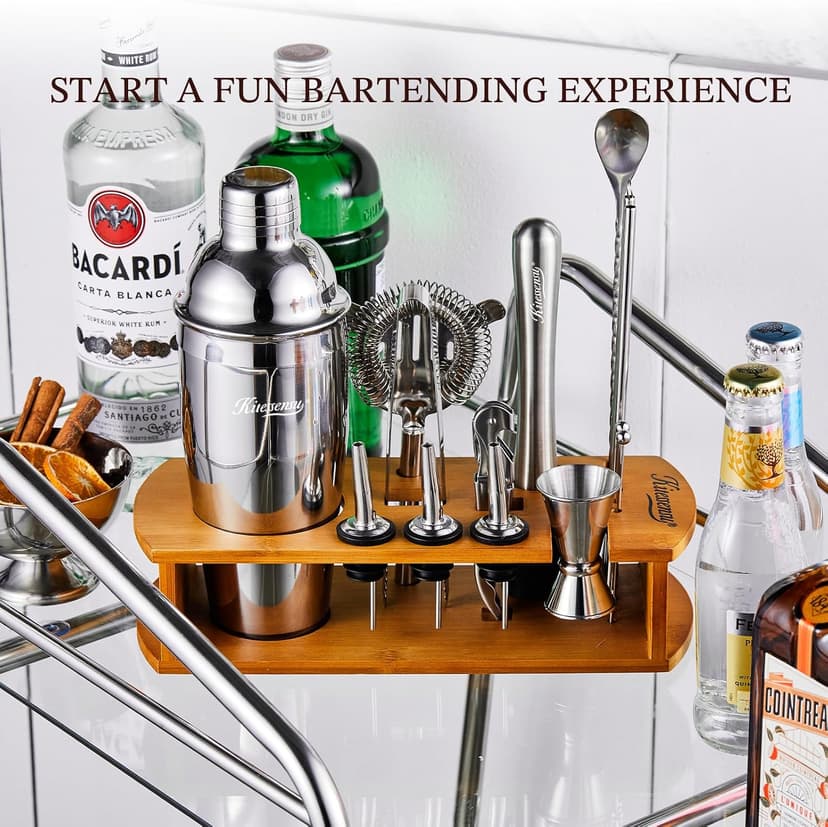 KITESSENSU Cocktail Shaker Set Bartender Kit with Stand | Bar Set Drink Mixer Set with All Essential Accessory Tools: Martini Shaker, Jigger, Strainer, Mixer Spoon, Muddler, Liquor Pourers |Silver B08BYJ8KSR