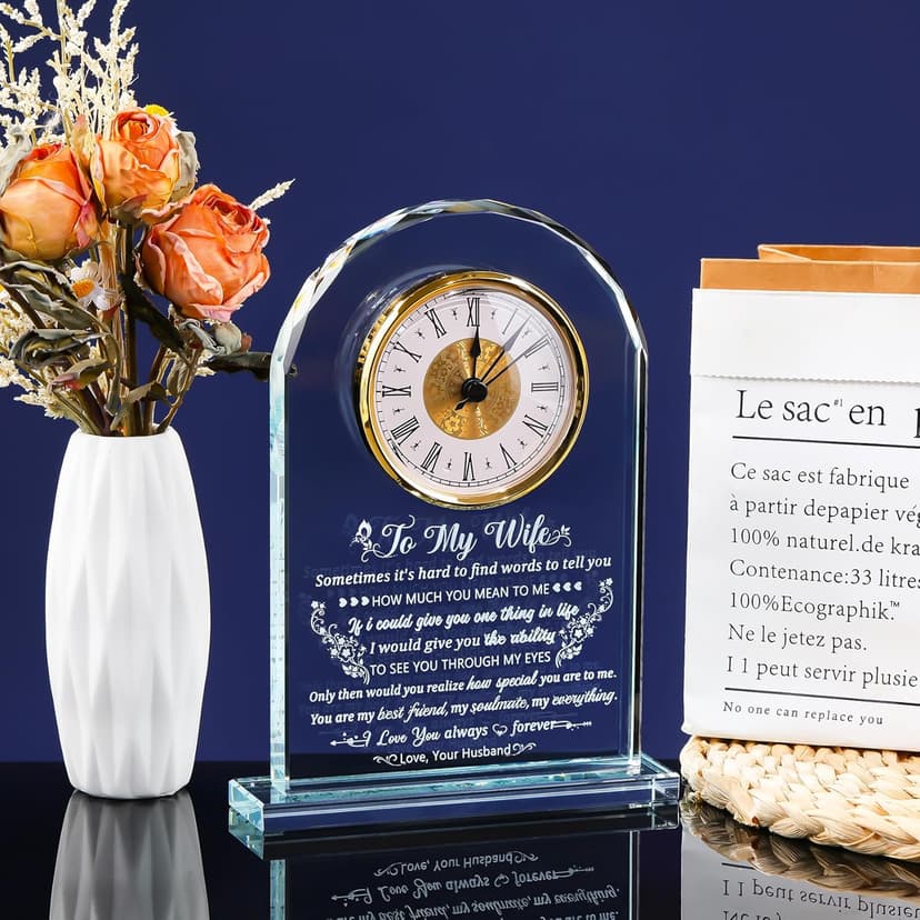 Gifts for Wife Romantic Anniversary Birthday Gift Ideas, Glass Clock to My Wife from Husband for Valentine's Day Christmas Mother's Day Crystal I Love You Keepsake Home Decor