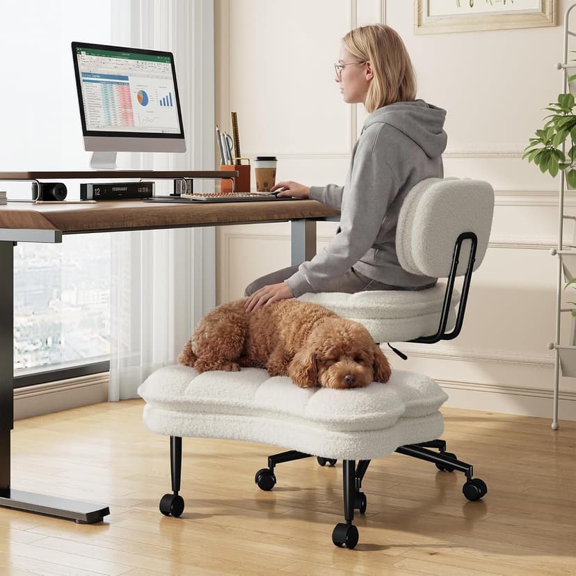 DurayLoly Ergonomic Cross Legged Chair 360° Swivel Meditation Chair with Wheels, Height Adjustable Seat for ADHD, Strong Lumbar Support,Home Office Furniture, Teddy Fabric,White
