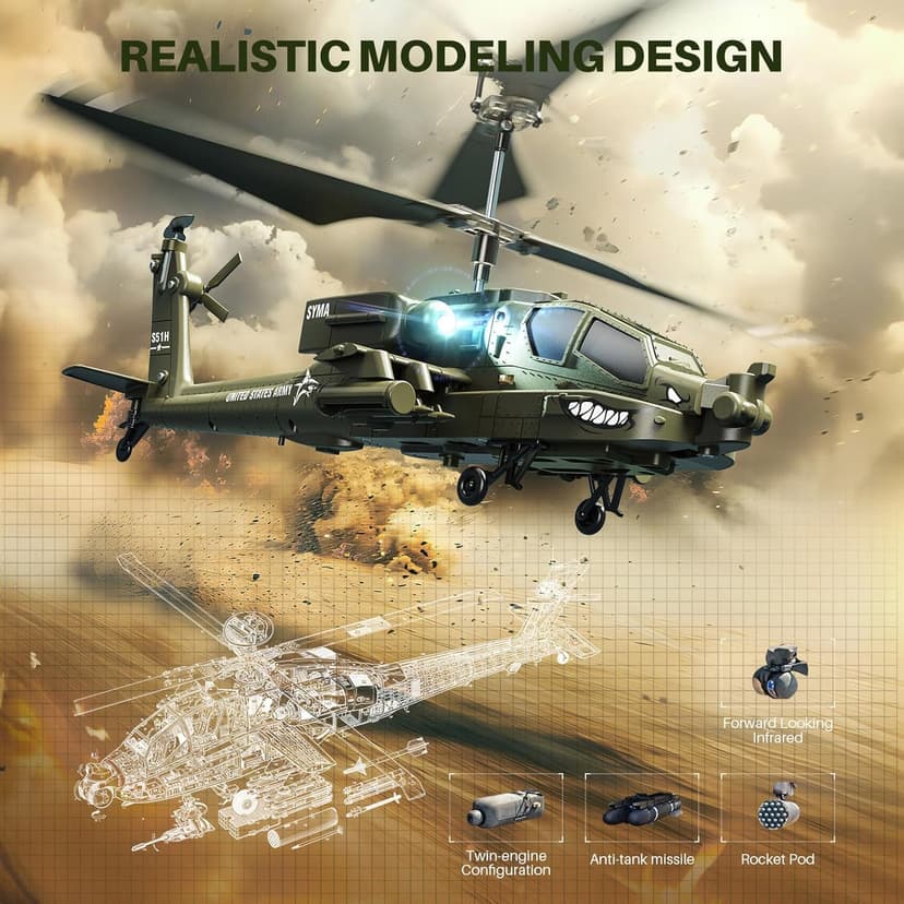 SYMA RC Helicopters, S51H Remote Control Helicopter 2.4GHz Military Army Toys for Boys Girls Kids with Altitude Hold, One Key Take Off/Landing, LED Light, Low Battery Reminder