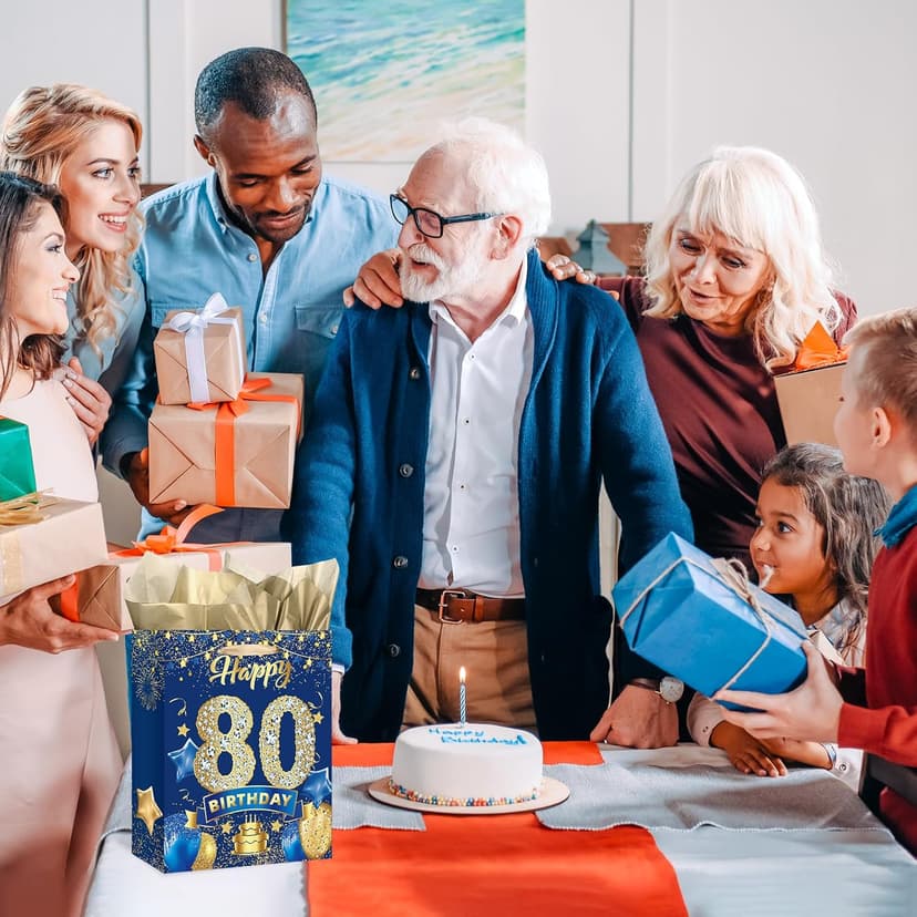 Blue 80th Birthday Gift Bag, Large Navy Blue and Gold Happy 80th Birthday Gift Wrap Bag with Card and 3pcs Tissue Paper for Men Women 80 Years Old Anniversary Party Favors Goodie Wrapping Bag Supplies