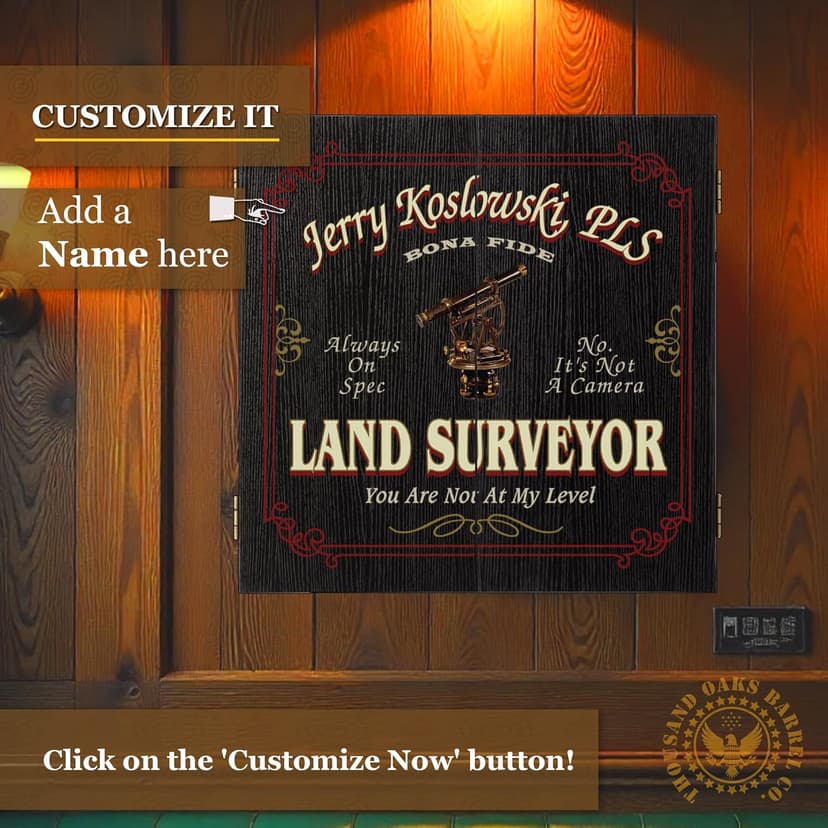 Personalized Dart Board Cabinet Set with 6 Steel Tip Darts, Paper Fibre Dartboard, Chalk & Eraser (21.5 x 21.5 x 2.75") - Occupational Man Cave Dart Boards for Adults - Land Surveyor (412)