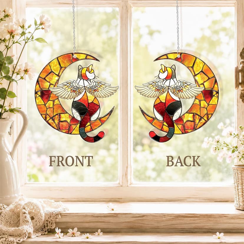 Wavy acrylic suncatcher featuring winged cat moon artwork, designed as a window hanging ornament for home décor and spaces Cat Suncatcher, Pet Memorial Gifts, Window Hanging Ornament 3 (6 Inches) B0HFW19G7L