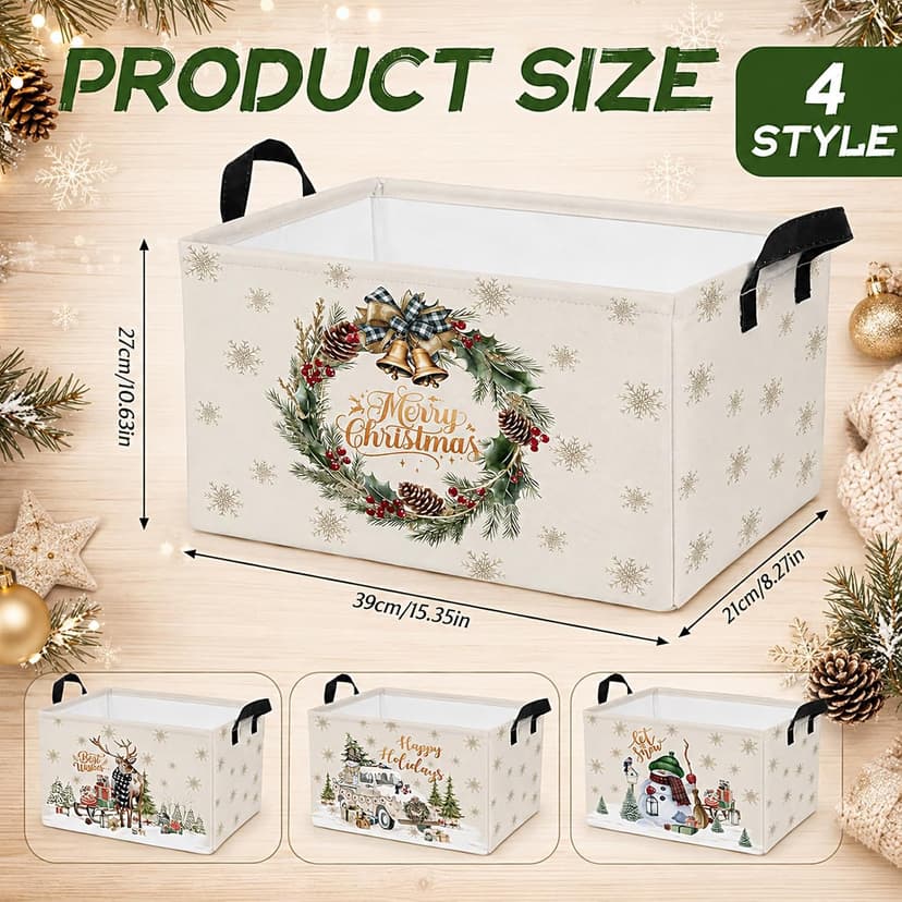 4 Pcs Christmas Storage Basket for Gifts Empty Large Christmas Storage Bins 15 x 10 x 8 Fabric Laundry Baskets with Handle Xmas Collapsible Organizer Boxes for Home Office Gifts Toys Books B0H4M5V4NG