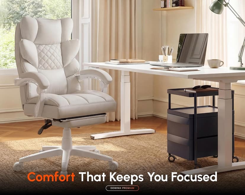 Dowinx Big and Tall Office Chair with Pocket Spring Cushion,High Back Computer Gaming Chairs with Linkage Armrests,Executive Desk Chairs with Footrest,PU Leather-White