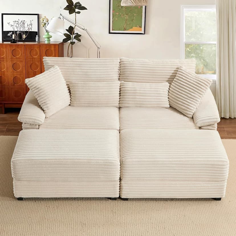 SUNWAVE 74" W Double Chaise Lounge Chair Indoor, Oversized Loveseat with Storage Ottoman, Corduroy Couch with USB Charging, Removable Ottoman, and Coffee Table Cushions for Living Room Bedroom