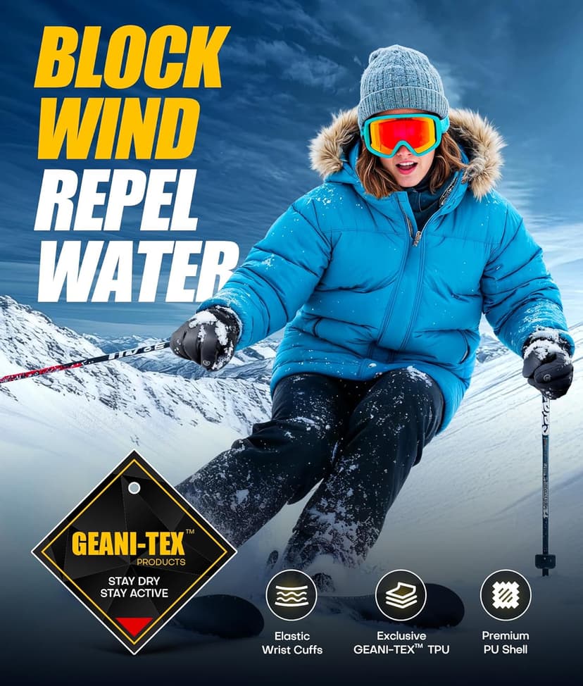 UMEWARM Winter Gloves Men Women Made with 3M Thinsalute, -20°F GEANI-TEX™ Waterproof Ski Gloves for Cold Weather, 5-Layer Thermal Snow Gloves, 10 Touchscreen Fingers Snowboard gloves for Cycling, Hiking