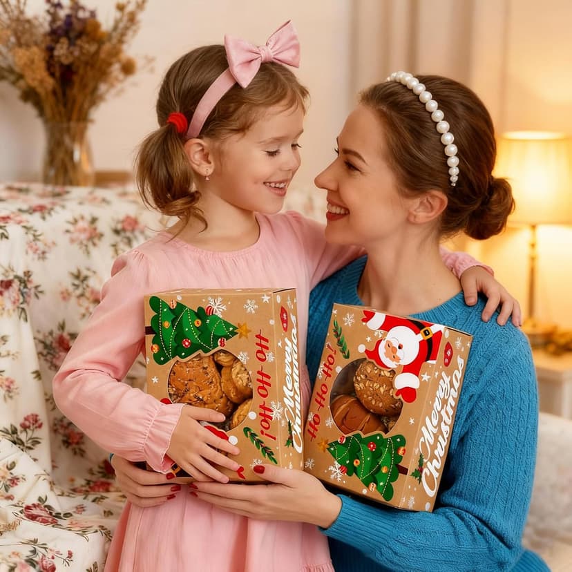 24 Pack Christmas Cookie Boxes - 8.25"x6"x2.75" Brown Kraft Bakery Box with Window for Holiday Treats, Gift Exchange Box for Baked Goods, Cookie Tins with Lids for Gift Giving