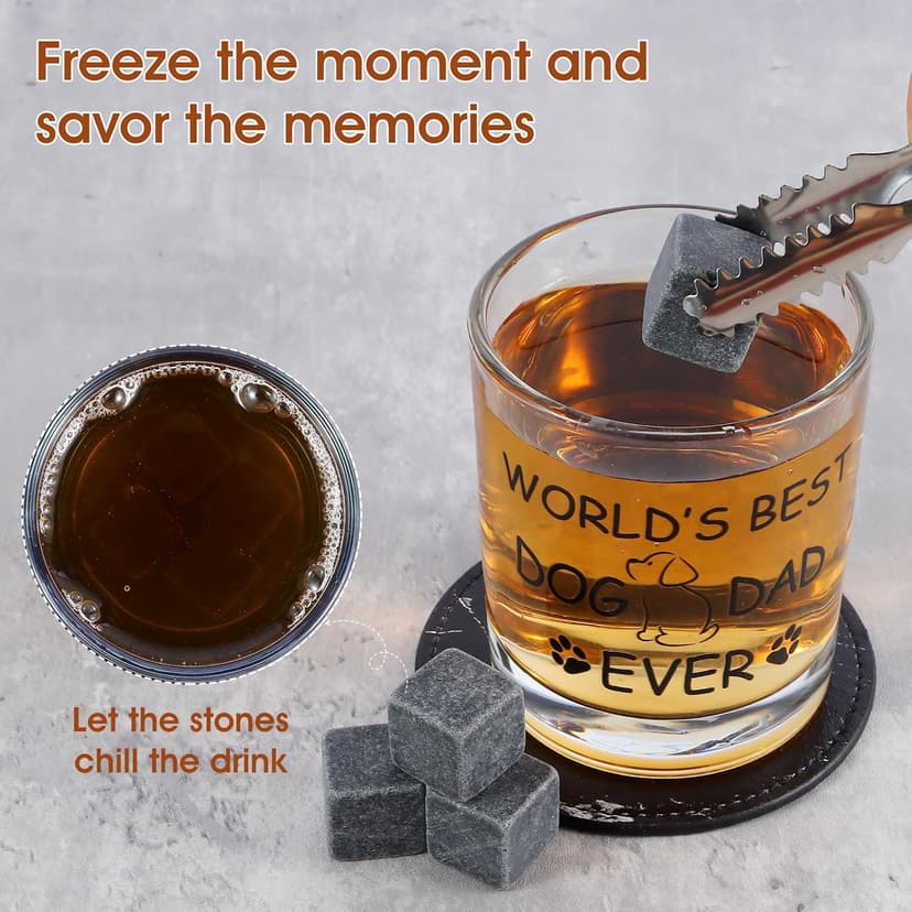 Dog Dad Gifts, Best Gift for Dad, Gift with 12oz Whiskey Glasses, Stones, Coaster, Wooden Box for Dogfather