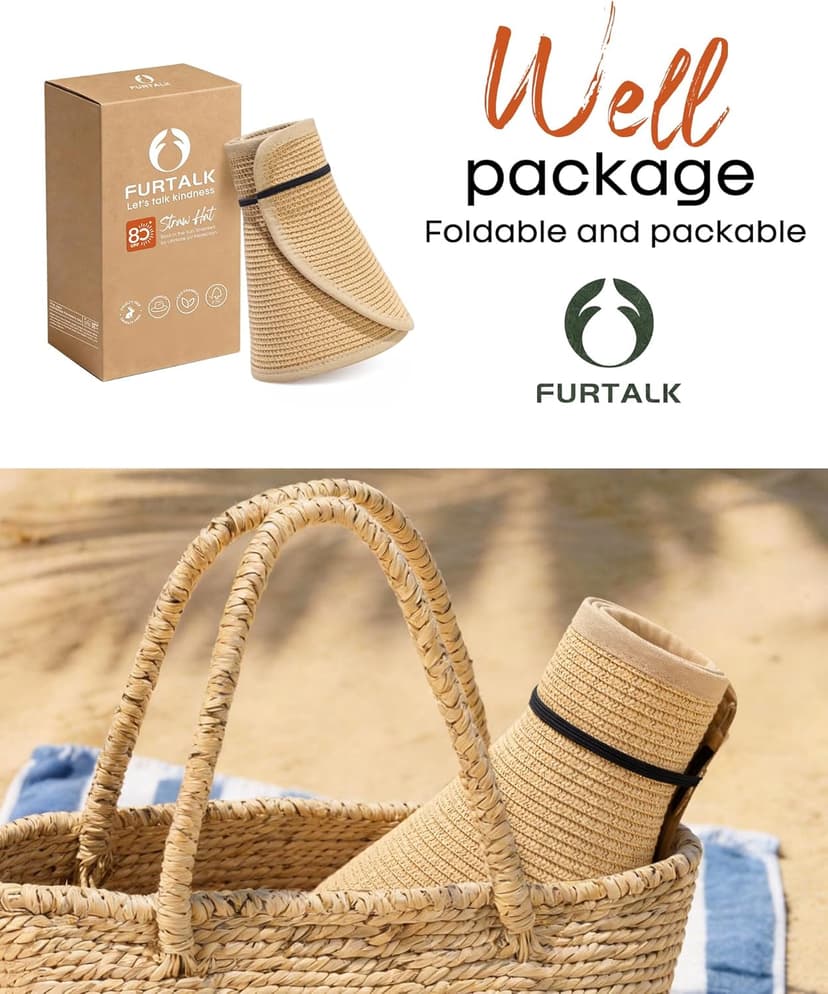 FURTALK Sun Hats for Women Wide Brim Beach Hat Straw Visor Ponytail Summer UV Packable Foldable Beach Vacation Essentials