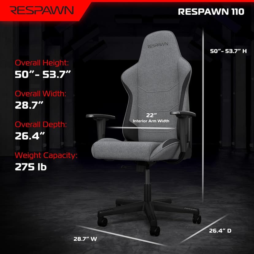 Respawn 110 Ergonomic Gaming Chair - Reclining Office Video Game Swivel Chair with Lumbar Support, Headrest, Heavy Duty, High Back, Racing Style Gaming Recliner Seat for Computer Gamer - Gray Fabric