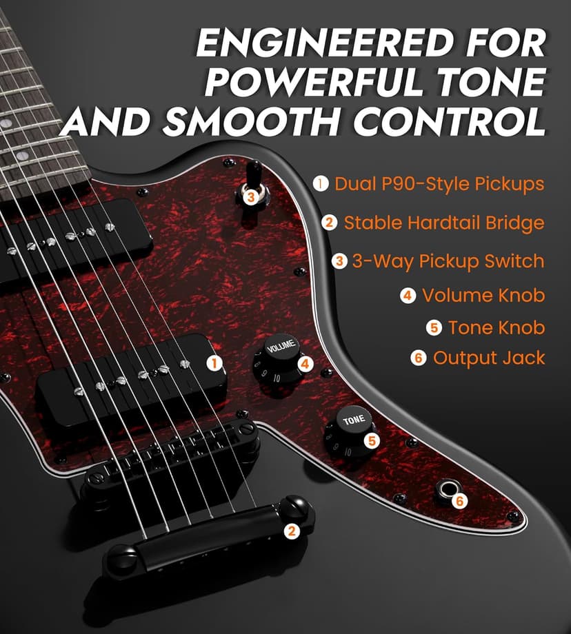 Tostar Electric Guitar: P90 Pickups, TOM Bridge & Smoked Matte Finish, 3-Way Switch, 39" Solid Body Electric Guitar for Intermediate Players, Guitarra Eléctrica Kit, Musical Birthday Gifts, Black