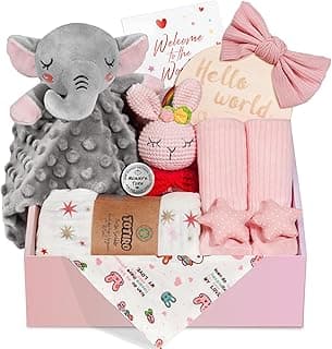 Newborn Baby Girl Gift, 9 Pcs Baby Gifts for Girls Newborn Essentials, New Baby Girl Gift Basket Baby Shower Gender Reveal Gifts, New Mom Gift Swaddle Blanket Bunny Rattle Gift Set