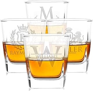 Amazing Items Set of 4 - Personalized Whiskey Glasses w/Name & Initial - 9 Designs - 9 oz, Limited Edition Monogrammed Rocks Glasses for Men, Dad Gifts