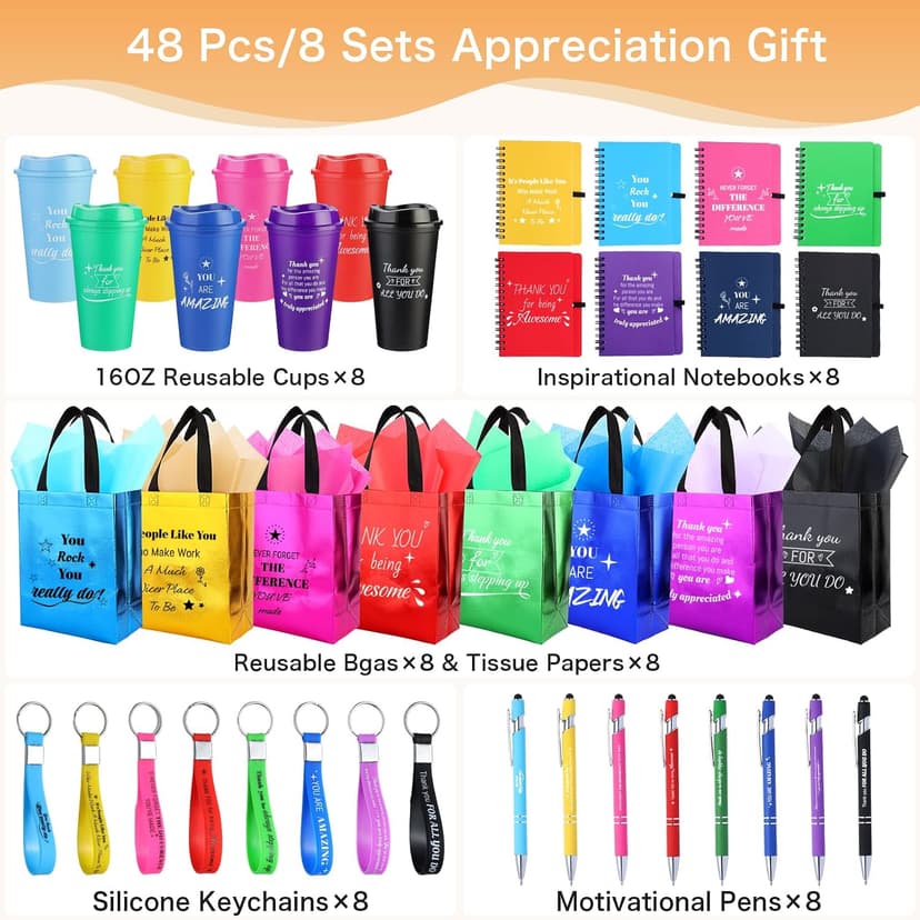 48 Pcs/8 Sets Employee Appreciation Gifts Bulk - Includes Thank You Gift Bags with Tissue Paper Notebooks Pens Cups Keychains - Thank You Gifts for Coworkers Teachers Staff Team Volunteers (Colorful) B0G5DCYSHJ