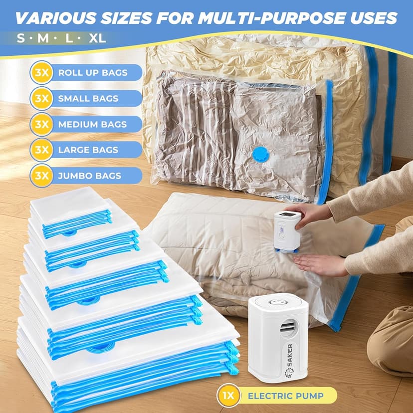Saker Vacuum Storage Bags with Electric Pump, Space Bags Vacuum Storage Bags, 2-in-1 Pumping and Inflation, 15 Pack (3 Jumbo,3 Large,3 Medium,3 Small,3 Roll Up Bags) for Clothes, Bedding, Travel