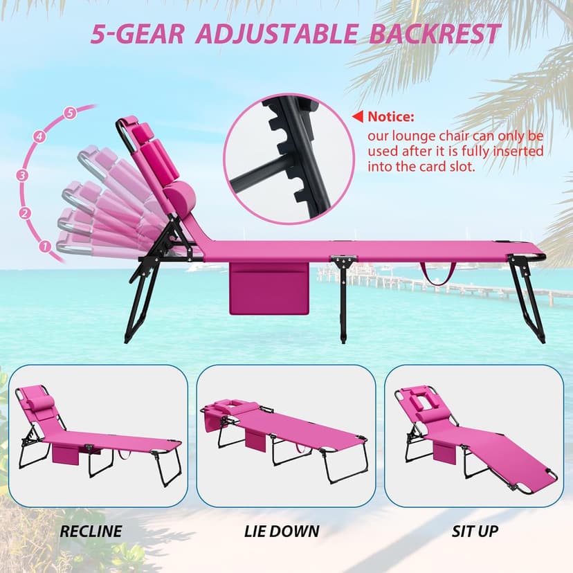 400lbs Tanning Chair, 5-Fold Beach Lounge Chair with Face Hole & 2 Side Pockets, Non-Slip Foot & Portable Handle, Beach Chaise Lounge for Patio/Pool/Lawn(1, Pink)