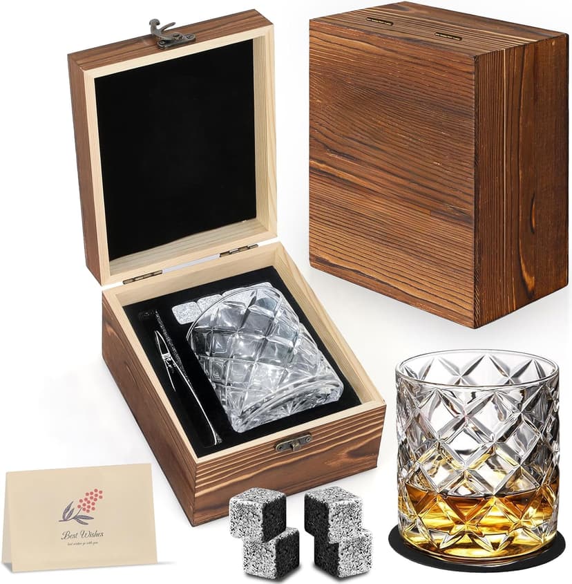Whiskey Stones Gift Set - Bourbon Stones Gift for Men - 4 Granite Chilling Whiskey Rocks - Whiskey Glass and Stones Set - Drinking Gifts for Men Dad Husband Birthday Father's Day Groomsmen Gifts