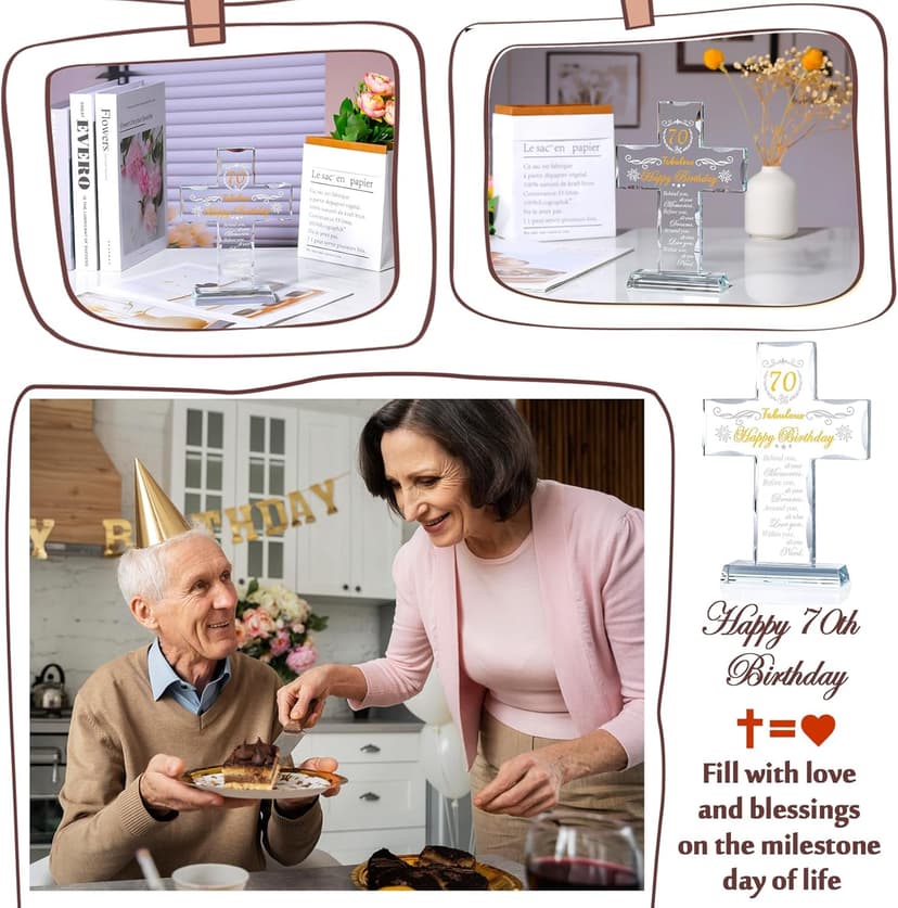 70th Birthday Cross Gifts for Women, Men, Standing Glass Keepsake for 70 Year Old Birthday Religious Presents for Mom, Dad, 70th Fabulous Birthday Gifts Ideas