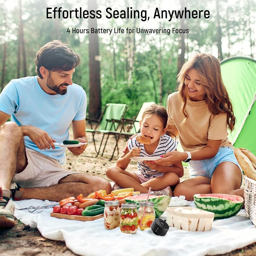 Upgraded 3-in-1 Electric Mason Jar Vacuum Sealer Kit for Jars, Bags, Food Savers & Containers | Auto-Stop Jar Sealer with 4-Hours Battery Life & One-Handed Operation for Dry Foods, Jams & Leftovers