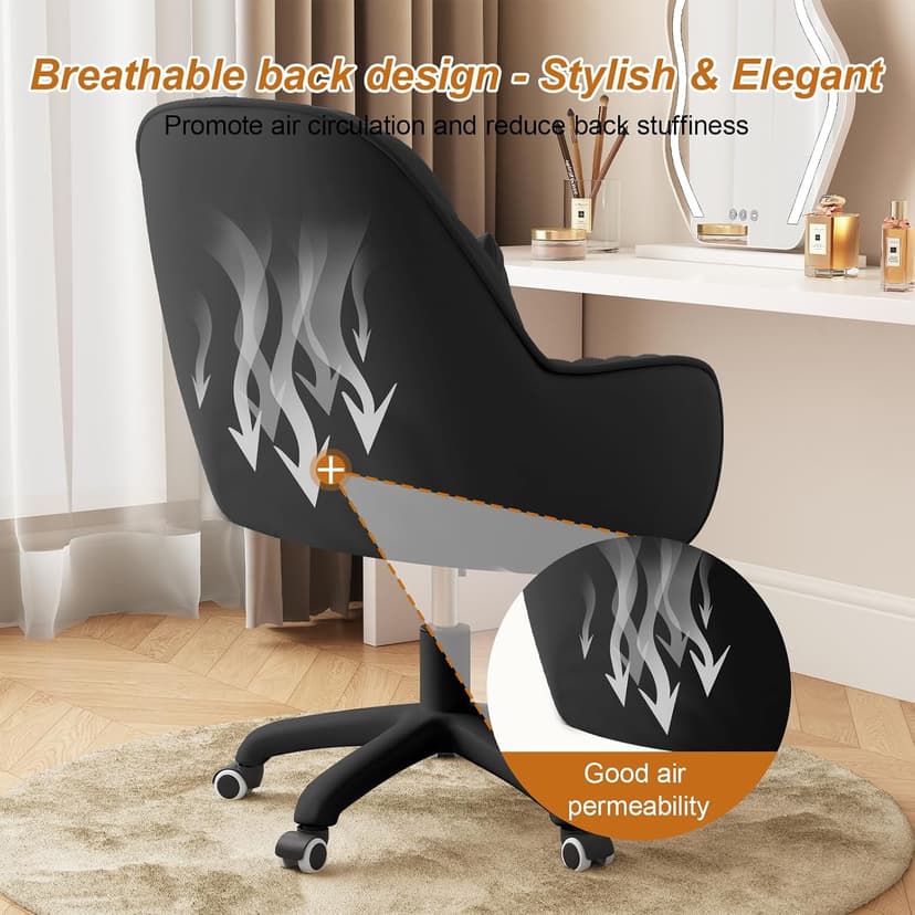 JPBSTO Upholstered Desk Chair with Pillow Swivel Rolling Accent Chair for Women Girls, Adjustable Height Vanity Chair with Wheels for Living Room, Home Office, Black