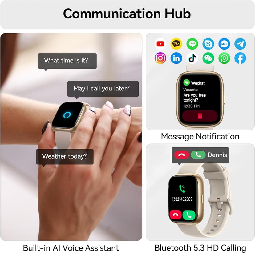 Smart Watch with Alexa Built-in, 1.83" HD Touchscreen Fitness Tracker with Bluetooth Calling, Fitness Watch with Heart Rate/Sleep Monitor/120+ Sports, IP68 Waterproof Smartwatch for Android iOS, Cream