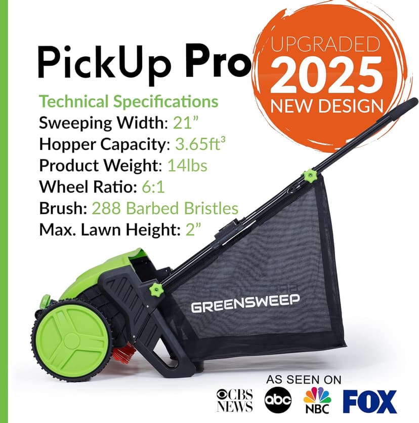 Pickup Pro 2 Leaf & Lawn Sweeper – Push Powered Garden Sweeper for Grass Clippings, Leaves & Debris – Manual Push Yard Sweeper with Height Adjustment & Large Collection Hopper