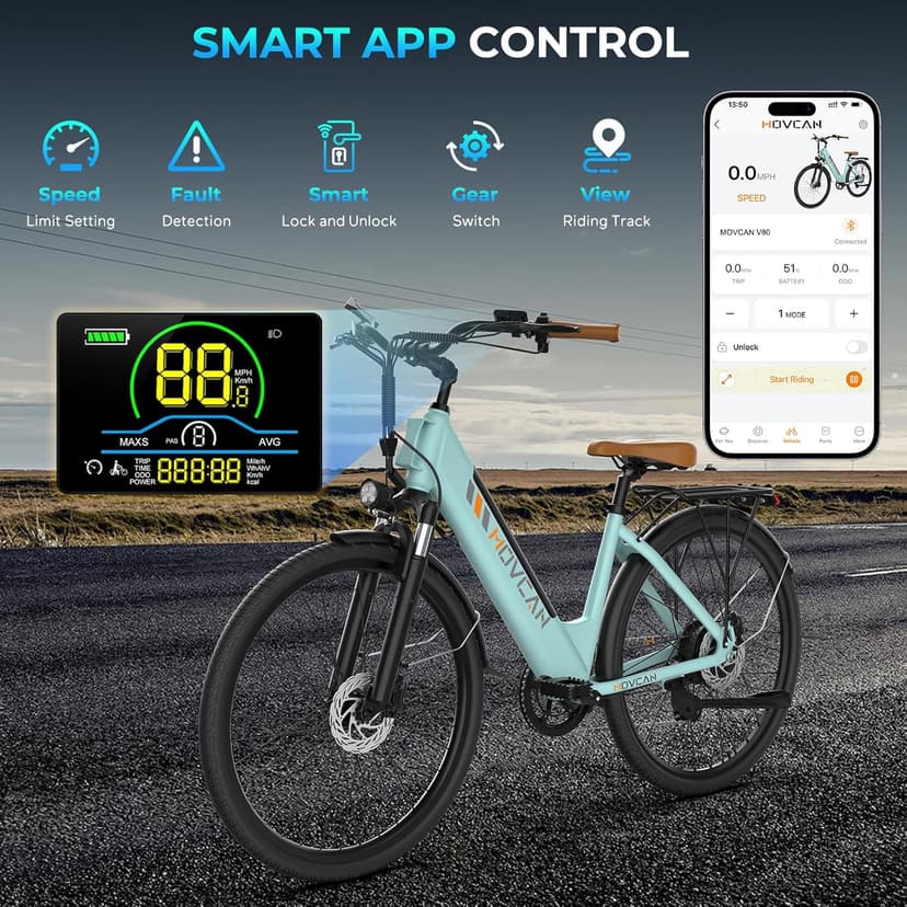 Movcan V80 Electric Bike, 1000W Motor 28MPH 26'' City Cruiser Ebike for Adults, 48V 13Ah Removable Battery Up to 70 Miles, 7-Speed Dual Disc Brake, Mountain E-Bike for Commuting