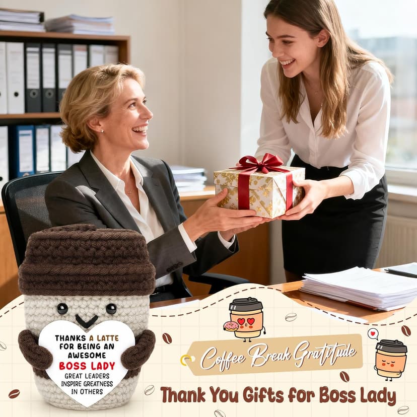 Boss Gifts for Women Boss Lady Leader Manager Supervisor Christmas Birthday Handmade Crochet Coffee Mug Cup Gifts Bosses Day Coffee Lover Thank You Best Great Leader Female Desk Office Decor