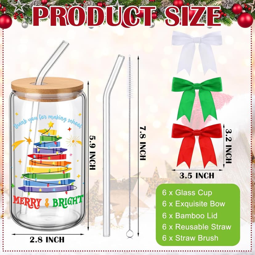 16 oz Glass Coffee Cups with Bows Lids Straws Brushes, Thank You End of Year Gifts for Teacher from Student School Present Reallnaive 6 Pcs Christmas Teacher Appreciation Gifts for Women Teacher Cup B0FNM52YVG