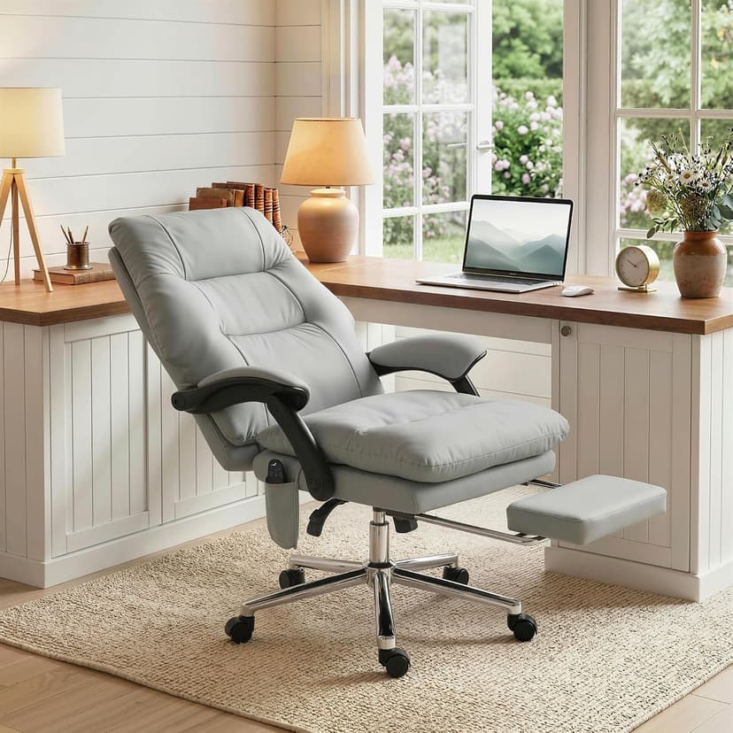 HOMCOM Massage Office Chair with 6-Point Vibration, Pet-Friendly Faux Leather Ergonomic Executive Desk Chair with Double-Layer Spring Cushions, Wide Seat, High Back, Reclining, Footrest, Light Gray