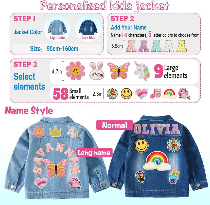 Rryoumisun Personalized Kids Denim Jacket with Names, Custom 1-14 Years Old Girls Boys Spring&Fall Outerwear Jackets B0DDDNW4CR