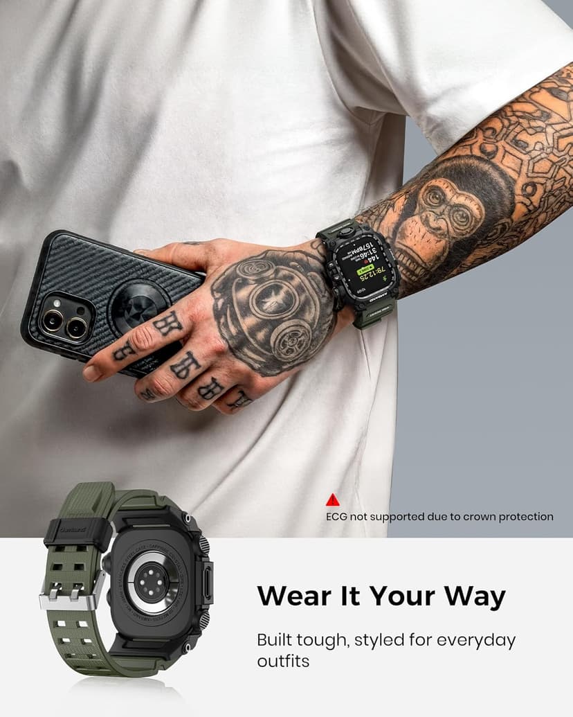 amBand Rugged Case with Band for Apple Watch 46mm, Compatible with Apple Watch (iWatch) Series 10 11, Military Grade Shockproof Bumper Cover, Tactical Band for Men, Army Green