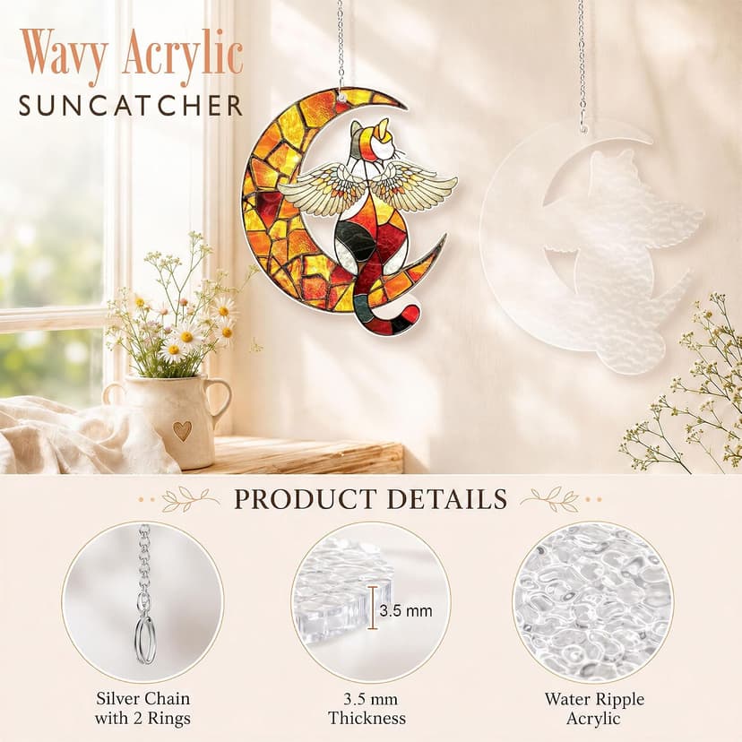 Wavy acrylic suncatcher featuring winged cat moon artwork, designed as a window hanging ornament for home décor and spaces Cat Suncatcher, Pet Memorial Gifts, Window Hanging Ornament 3 (6 Inches) B0HFW19G7L