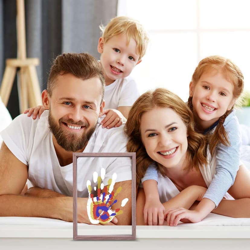 Family Handprint Kit, DIY Craft Keepsake Wooden Frame, Endless Gift Set, Non-Toxic Paints, Transparent Sheets (Brown)