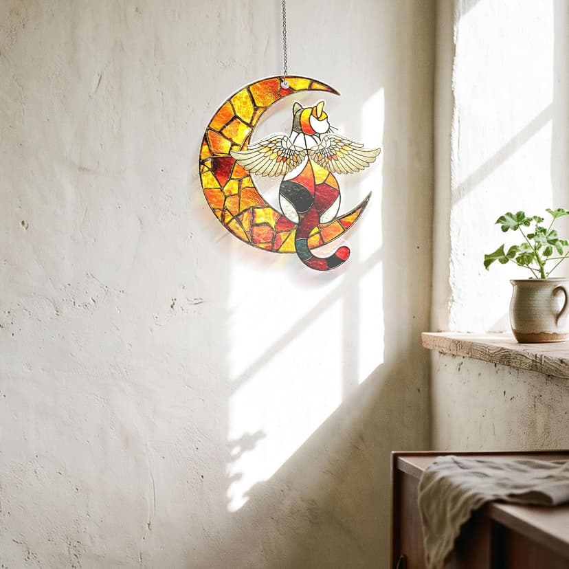 Wavy acrylic suncatcher featuring winged cat moon artwork, designed as a window hanging ornament for home décor and spaces Cat Suncatcher, Pet Memorial Gifts, Window Hanging Ornament 3 (6 Inches) B0HFW19G7L