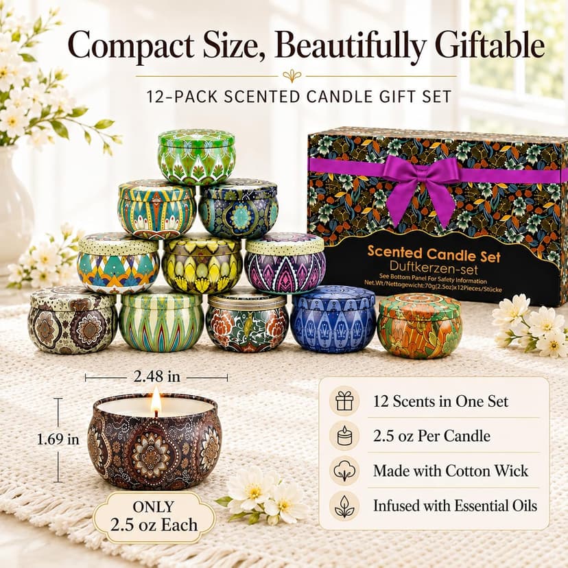 12 Scents, Up to 300-Hour Total Burn, Gift Box Included, Home Fragrance, Birthday, Hostess & Housewarming Gifts Scented Candles Gift Set, 12 Pack Travel Tin Candle Set, Gifts for Women B08T1XYNG9